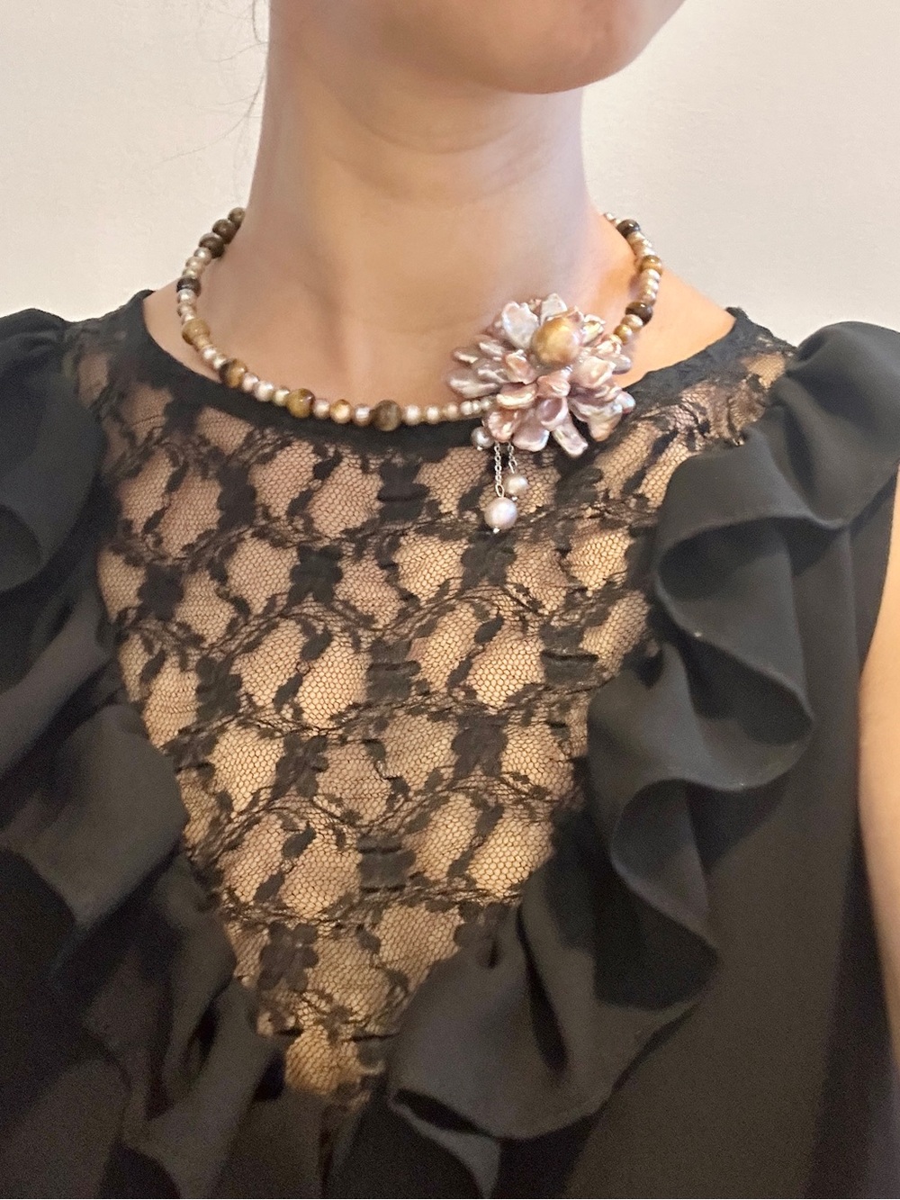 Handcrafted Tiger Eye and Genuine Freshwater Pearl Flower Necklace